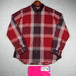 Express Shirt XL 17 Red Plaid Fitted Roll Tab Button Up Long Sleeve Casual Mens
